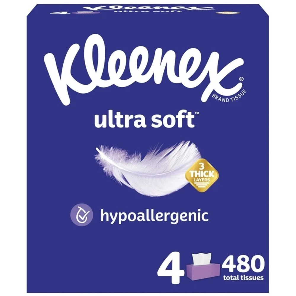 Kleenex Ultra Soft Facial Tissues, 4 Flat Boxes, 120 Tissues per Box, 3-Ply NWT